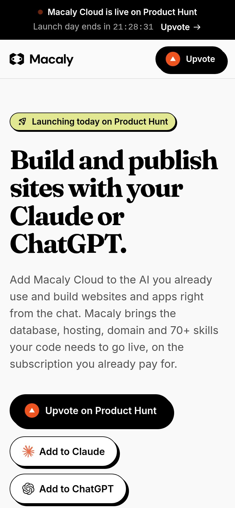 Mobile view of the page built by Claude